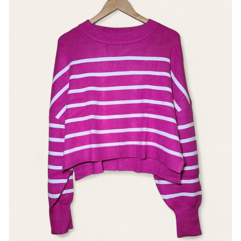 NWT Merokeety Women's Long Sleeve Crew Neck Pink Striped Crop Sweater Size XL